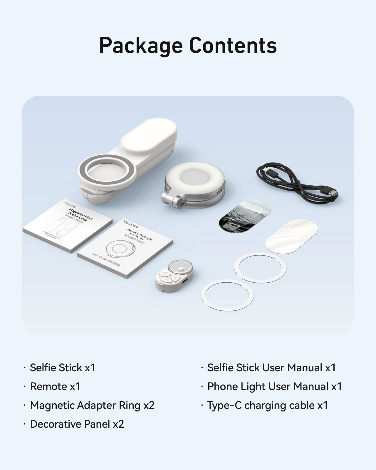 TELESIN Mini Magnétique Perche à Selfie & Trépied Smartphone + C03 Lampe