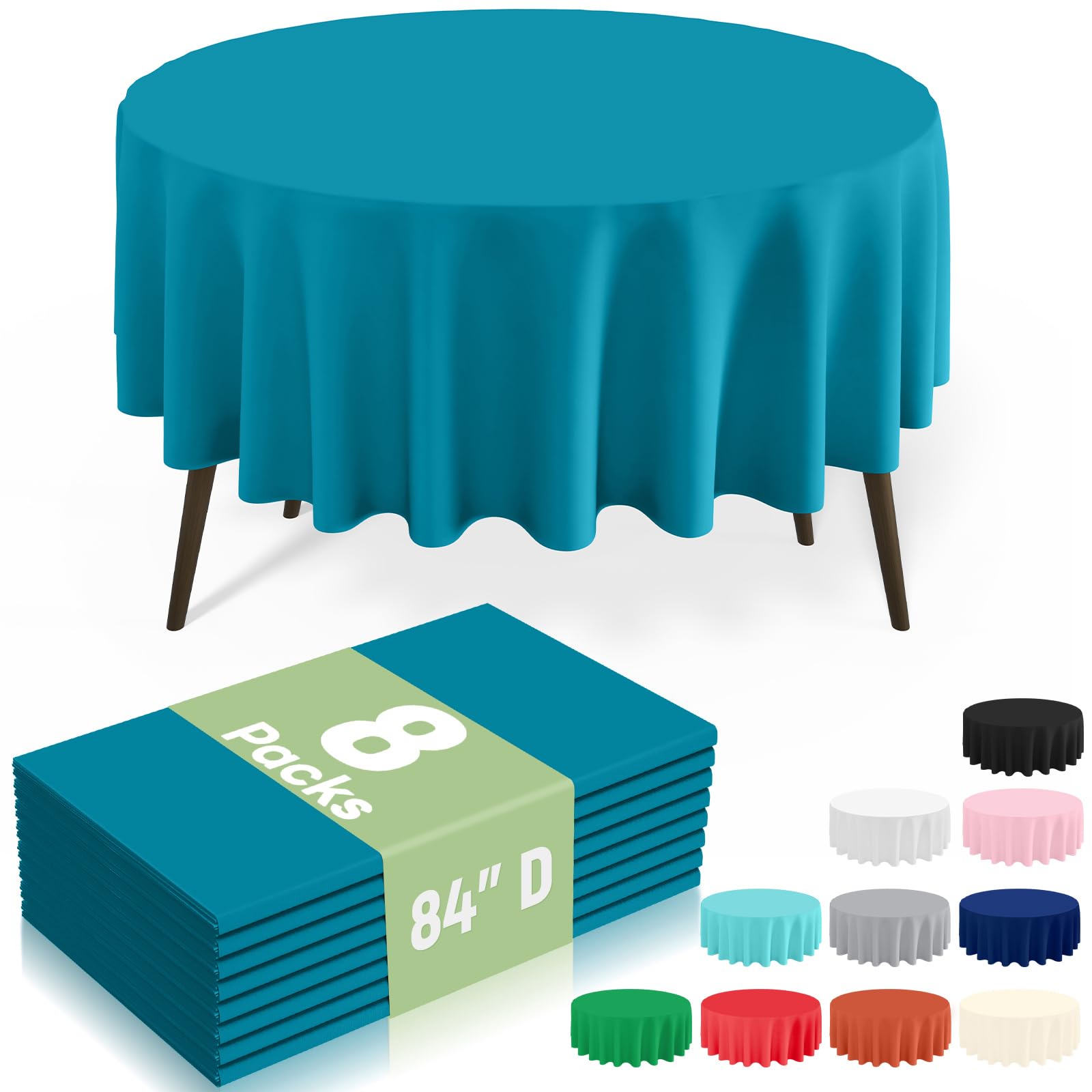 misaya 8 Packs Disposable Plastic Table Cloth, 84" Round Waterproof Tablecloth, Leakproof &amp; Sturdy Decorative Table Covers for Picnic, Party, Outdoor and Back to School, Turquoise