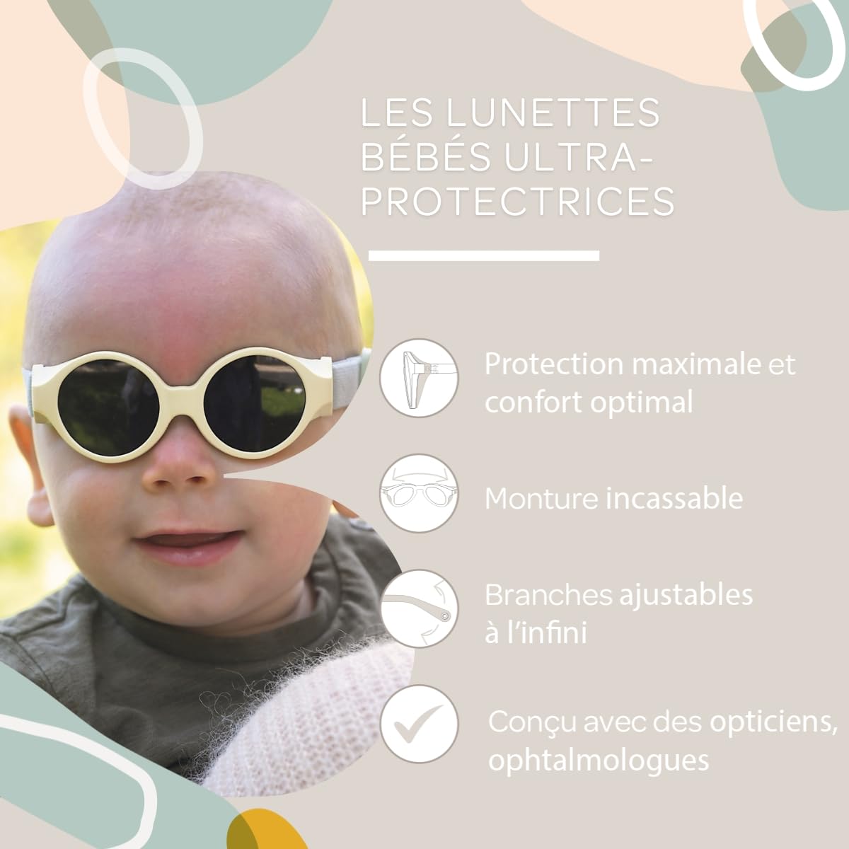 Béaba, Lunettes de soleil pour bébé 0-9 mois, Protection 100% UV - CAT 4, Protection Latérale, Confort Optimal, Bandeau élastique ajustable, Collection Glee, Citronnade