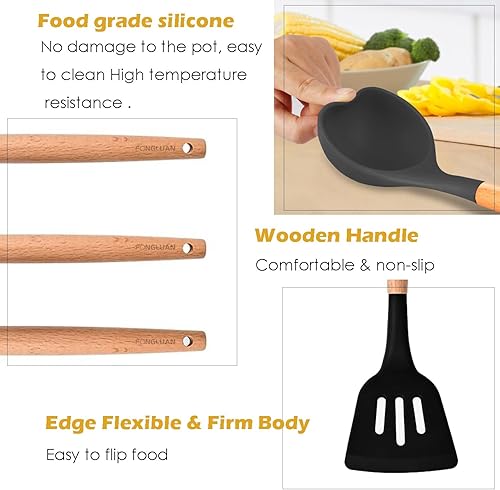Miniatura 3 de Juego de 3 utensilios de cocina de silicona, espátulaespátula, cucharas con mango de madera, resistentes al calor, utensilios de cocina