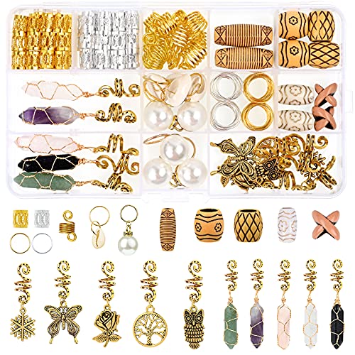 140PCS Dreadlock Jewelry Pendant Hair Jewelry for Braids Beads Hair Cuffs and Rings Jewelry Decoration for Women Crystal Ancient Gold Metal Pendant Wooden Beads Braid Accessories