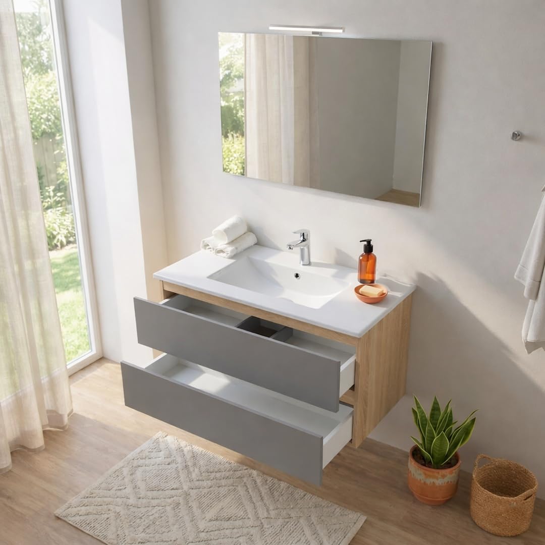 Kiamami Valentina Mobile Bagno Sospeso 90 Cm 2 Cassetti Rovere Well Grigio