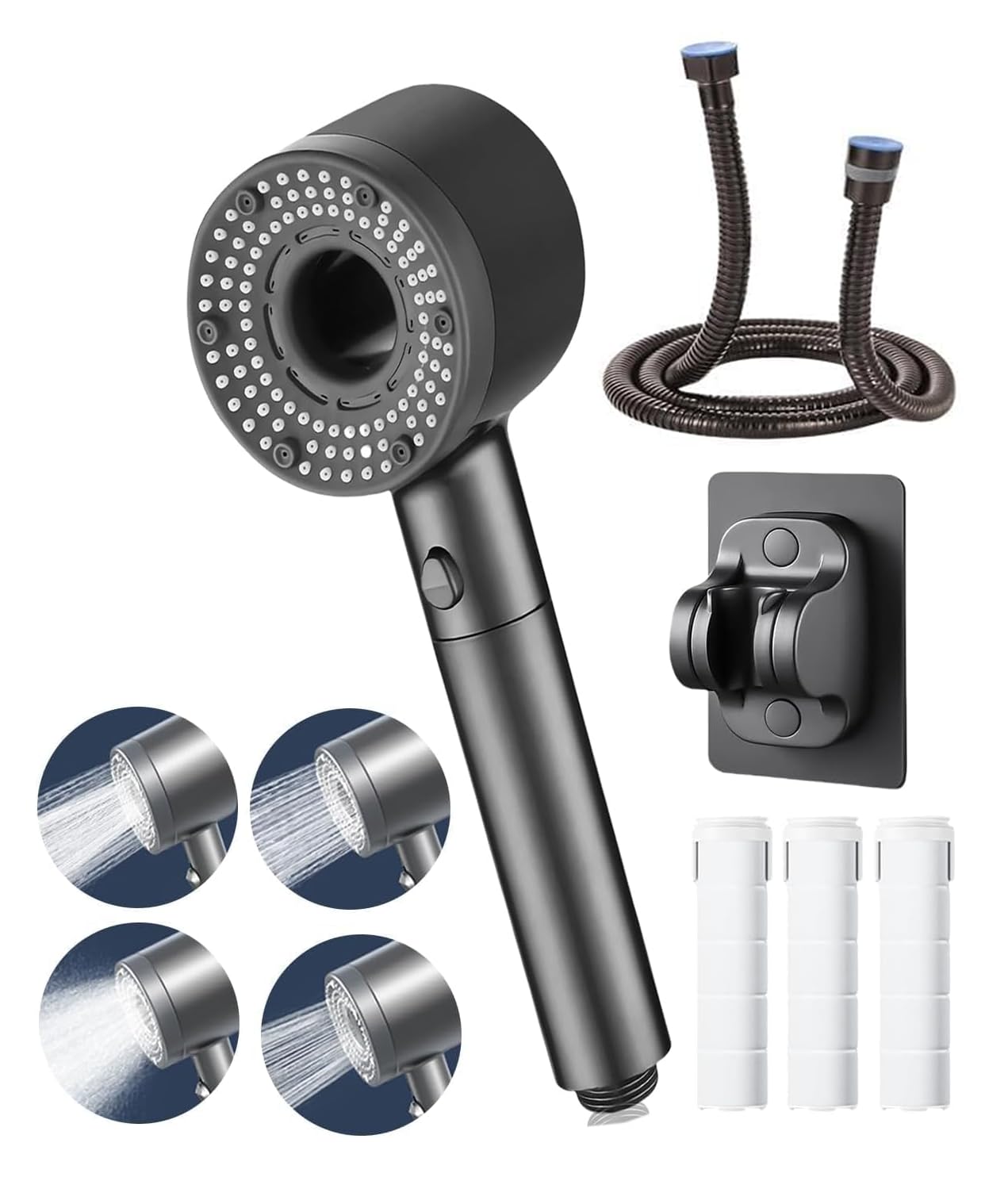 Powerful High Pressure Shower Head, Handheld with Filter for Hard Water, 4 Spray Modes with Pause Button, Includes 1.5m Hose and Adjustable Holder, Ideal for Shower, Tub & Pet Cleaning-Light Grey