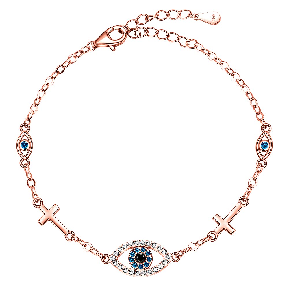 Blue Evil Eyes Link Bracelet, Evil Eye Earrings, S925 Sterling Silver Dainty Cubic Zirconia Adjustable Link Lobster Claw Clasp Chain Jewelry