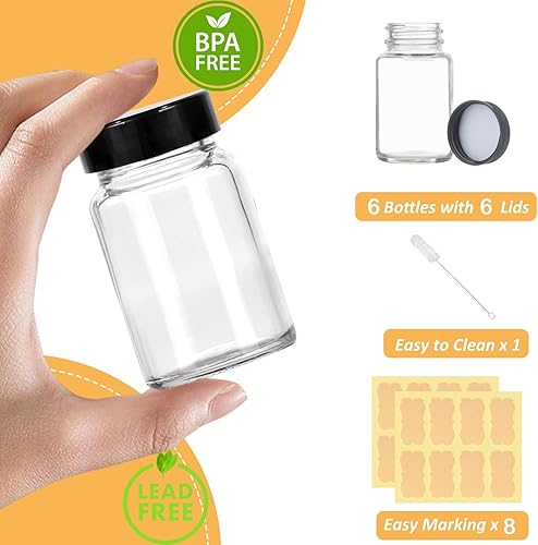 Miniatura 9 de Botellas pequeñas de vidrio transparente de 2 onzas con tapas, 12 botellas de boca ancha con tapas para chupitos de jengibre, jugo, poción,