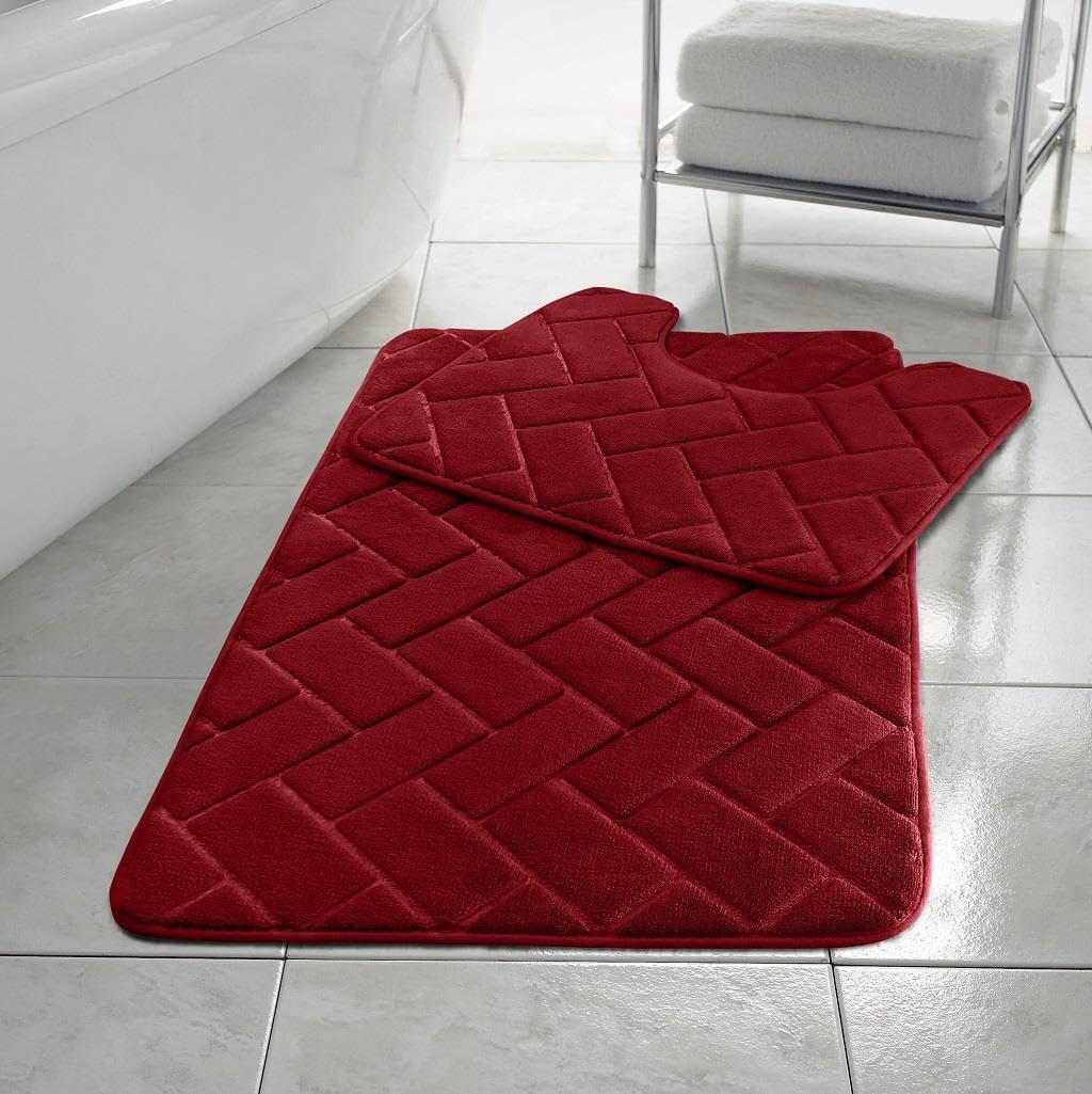 HomeSpace Direct Blocks Non- Slip Memory Foam Bath Mat/Toilet Mat Set Red