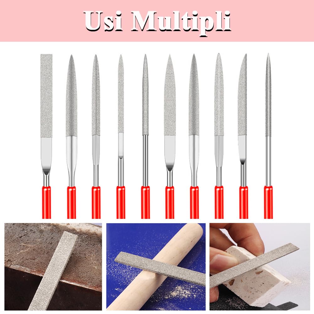Mesee Set di 10 Mini Lime Diamantate con Asta da 2 mm, Lima Diamantata Lime ad Ago di Precisione Polivalenti da 100 mm in Diamante per Lavoro di Precisione, Modellismo e Gioielliere