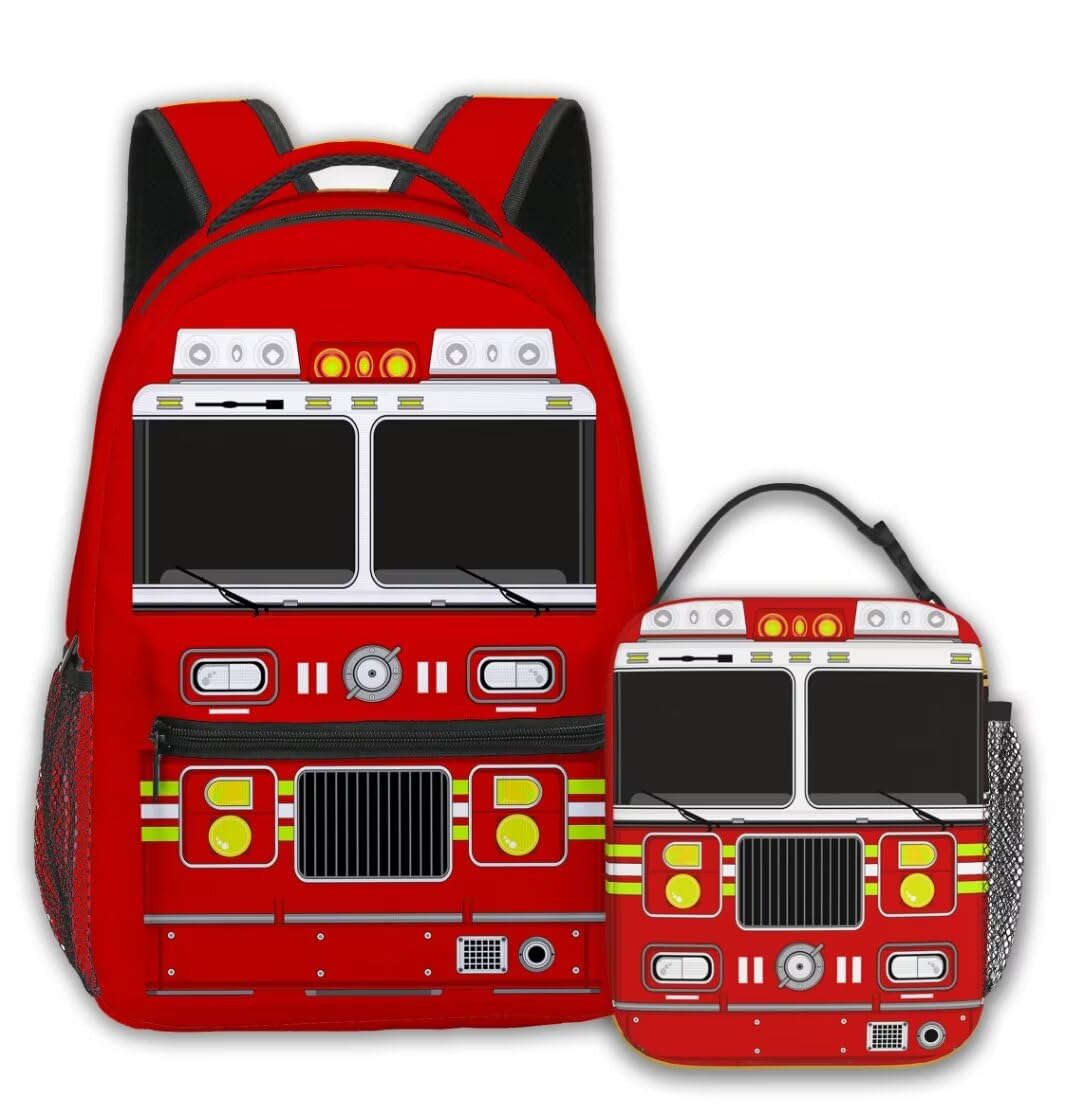 YOZIRIBO Fire Truck Backpack With Lunch bag Set for Kids Boys Girls, Funny Bookbag With Lunch Box For Elementary Middle School, Large Travel Laptop