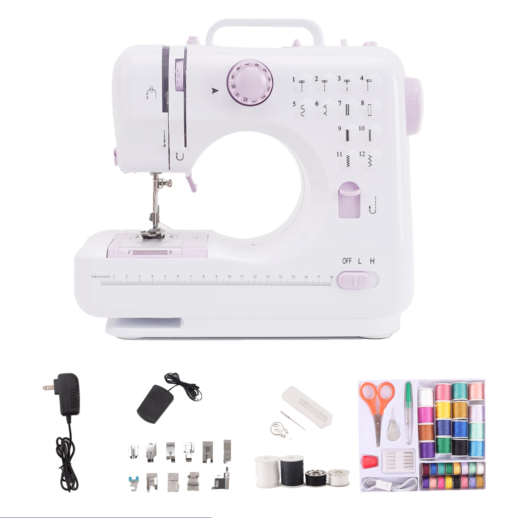 Máquina de coser compacta para principiantes, 12 patrones integrados, ligera con función inversa y control de pies, para manualidades de ropa y reparaciones (505)
