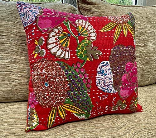 Image of Cotton Kantha Embroidery Cushion Cover (16x16-inches) (Set of 1, Red)
