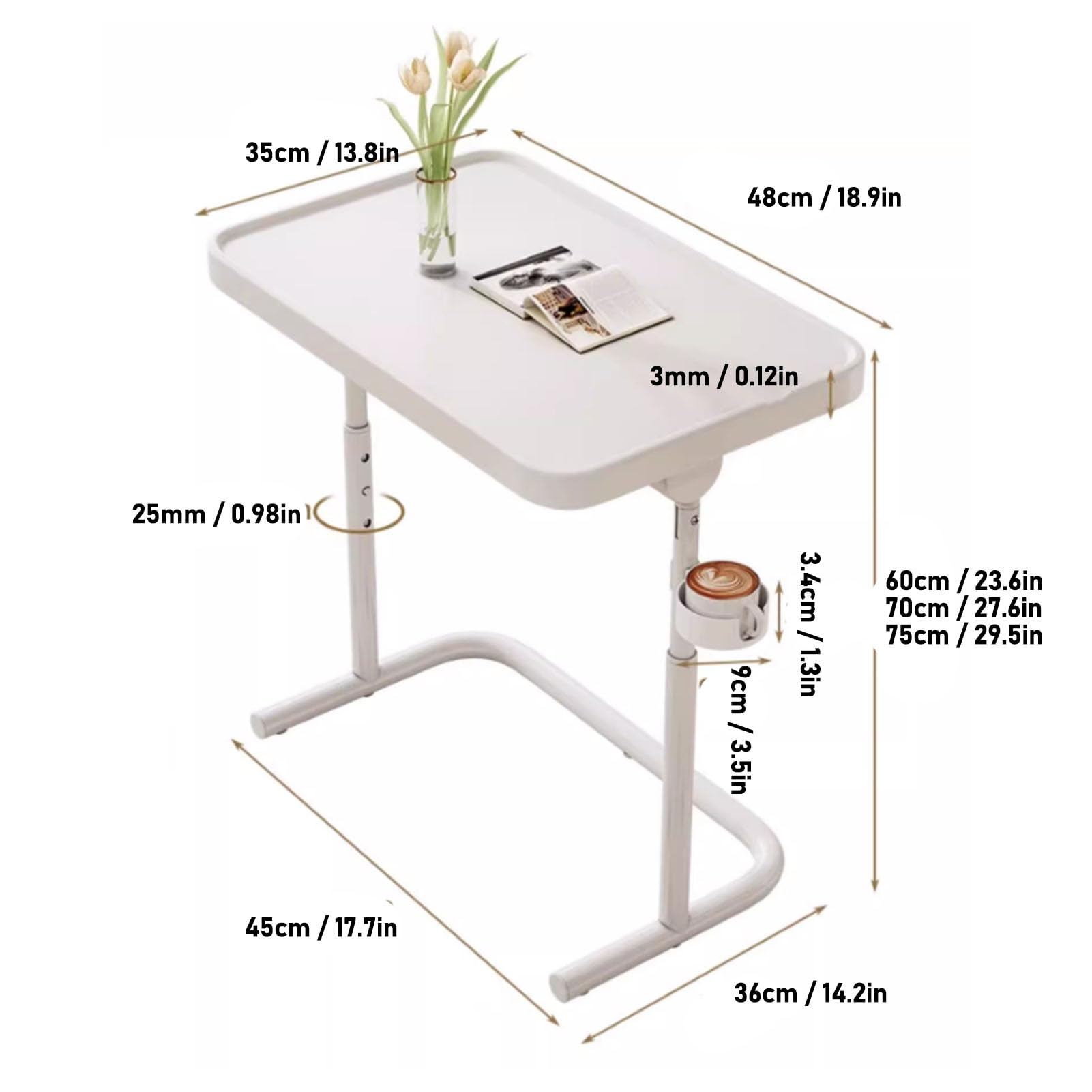 Height Overbed Table, Large Magnetic Tabletop, Versatile Foldable TV Tray, Sloped Neck Guard, Beige TV Dinner Table for Bedroom, Dorm, RV Living Room