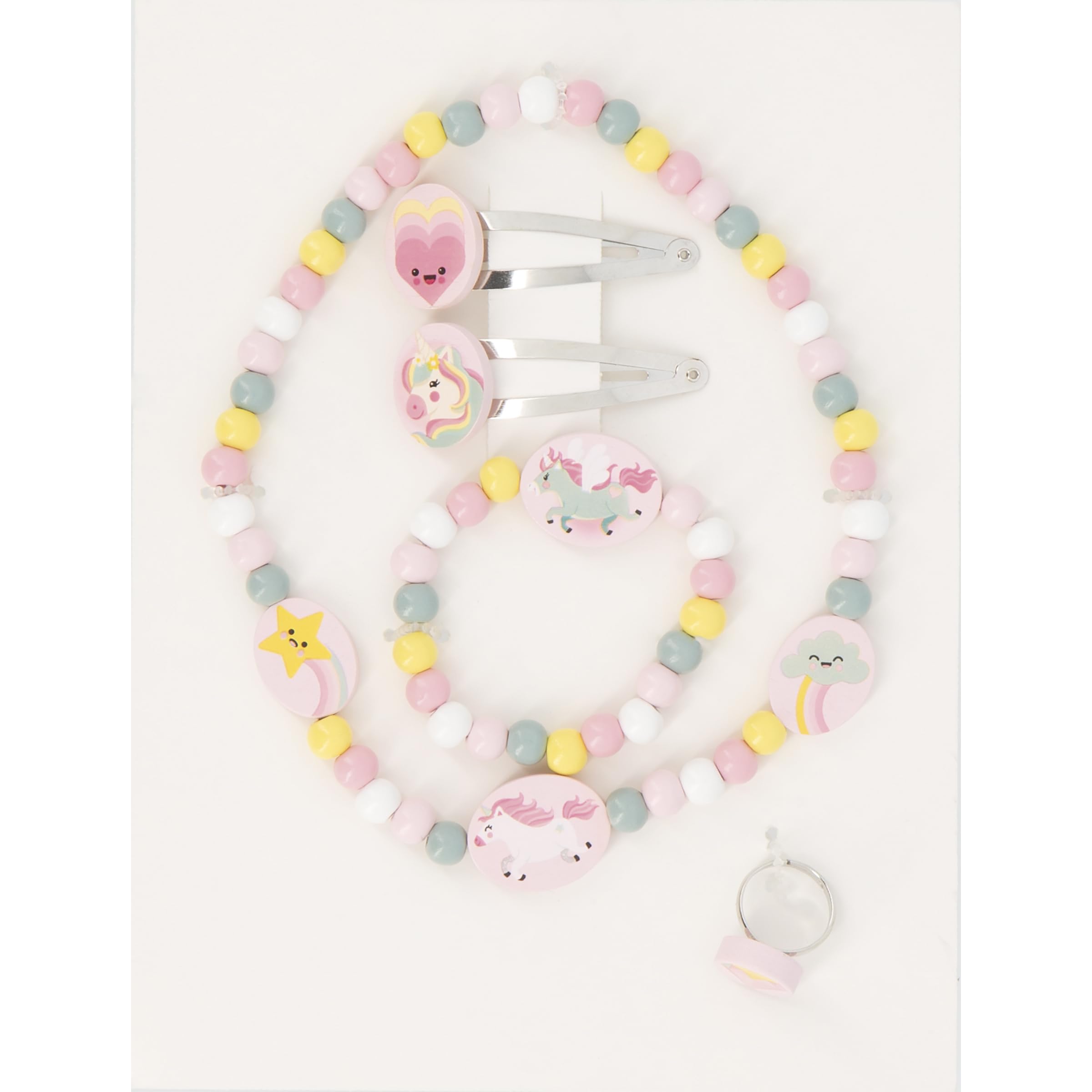 Janod Set de 5 Joyas de Madera Unicornios - 1 Collar, 1 Pulsera, 1 Anillo y 2 Clips - Joyas de Madera y Metal FSC - Accesorio de Moda - A Partir de 3 Años - J08880