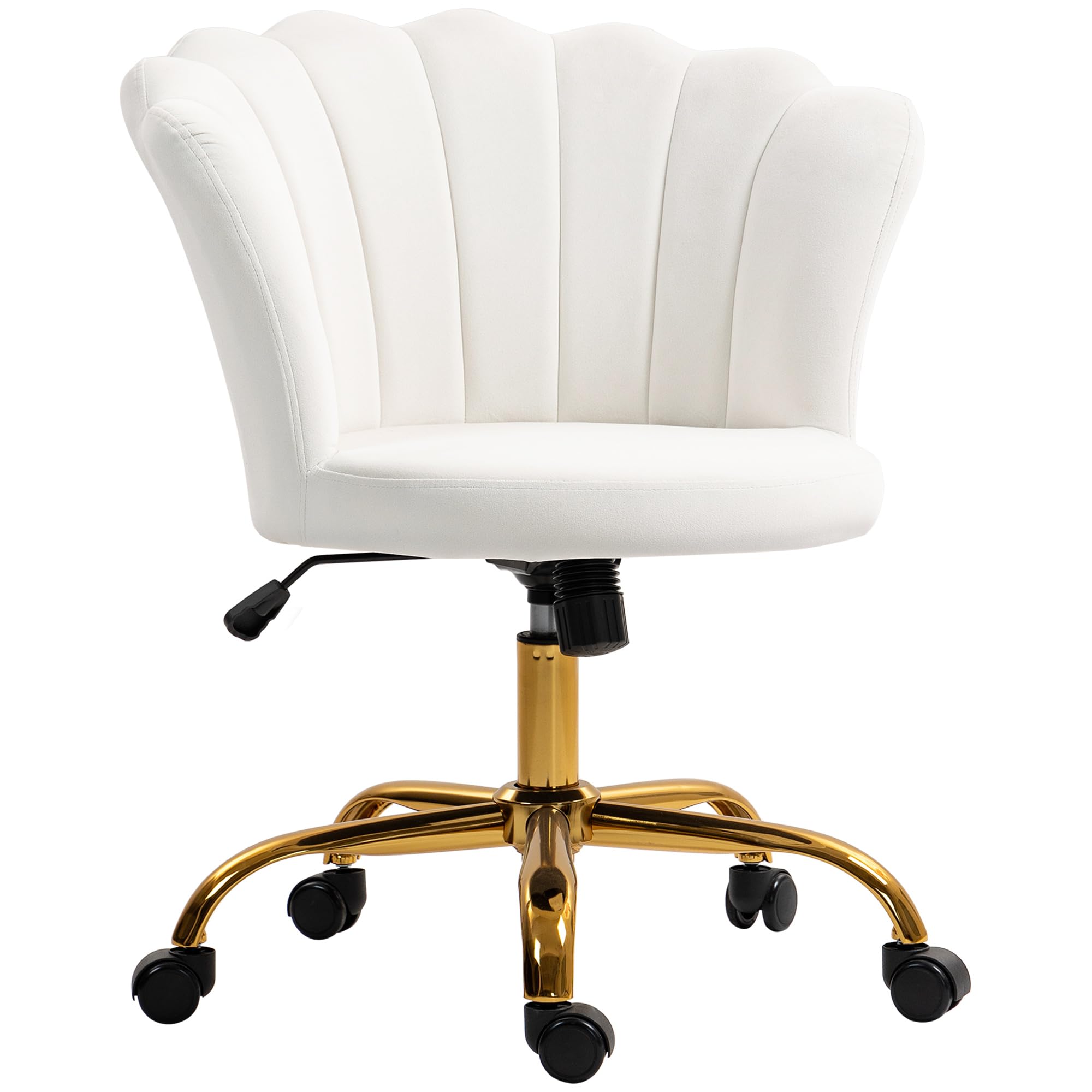 HOMCOM Chaise Bureau en Velours, Chaise Coiffeuse avec Dossier en pétale, Hauteur réglable, Fonction Bascule, Assise rembourrée et pivotante, Fauteuil Coquillage pour Bureau, Salon, Chambre, Blanc