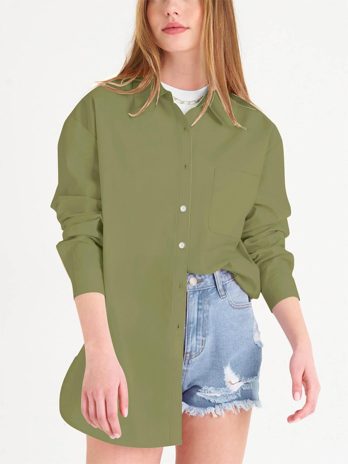 Paintcolors Womens Button Down Shirts Long Sleeve Dressy Casual Blouses Button Up Collared Shirts Tops for women-Green03 M - Image 6