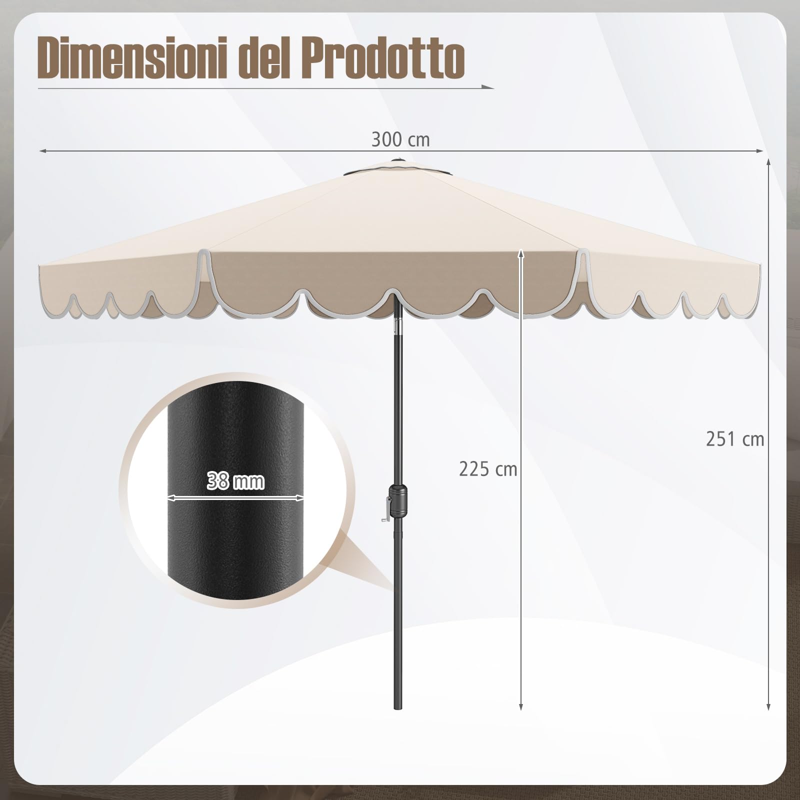 COSTWAY Ombrellone da Giardino 300 cm, con Inclinazione Regolabile, Anti-UV, Manovella, 8 Stecche, Top Ventilato, per Giardino Piscina Patio (Beige)