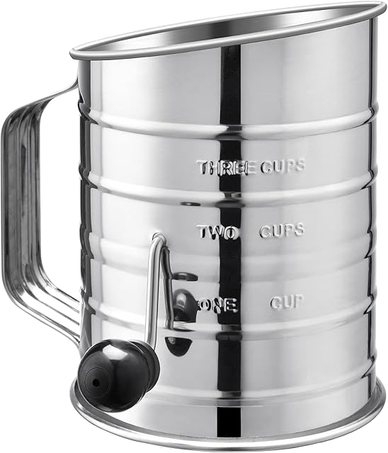 U-Taste Stainless Steel Flour Sifter: 3 Cup Rotary Hand Crank Flour Sieve with 4 Wire Agitators for Quick Sifting, with 20 Fine Mesh Screen & Stamped Measurement for Baking Flour and Powered Sugar
