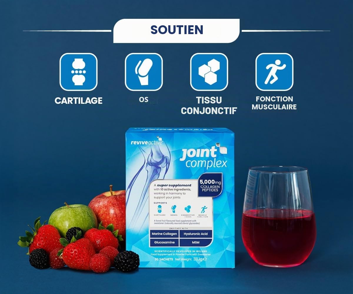 Joint Complex par Revive Active - 1 sachet/jour - Soutient articulations, cartilage, os et muscles - Avec collagène marin, acide hyaluronique, glucosamine - Cure de 30 jours