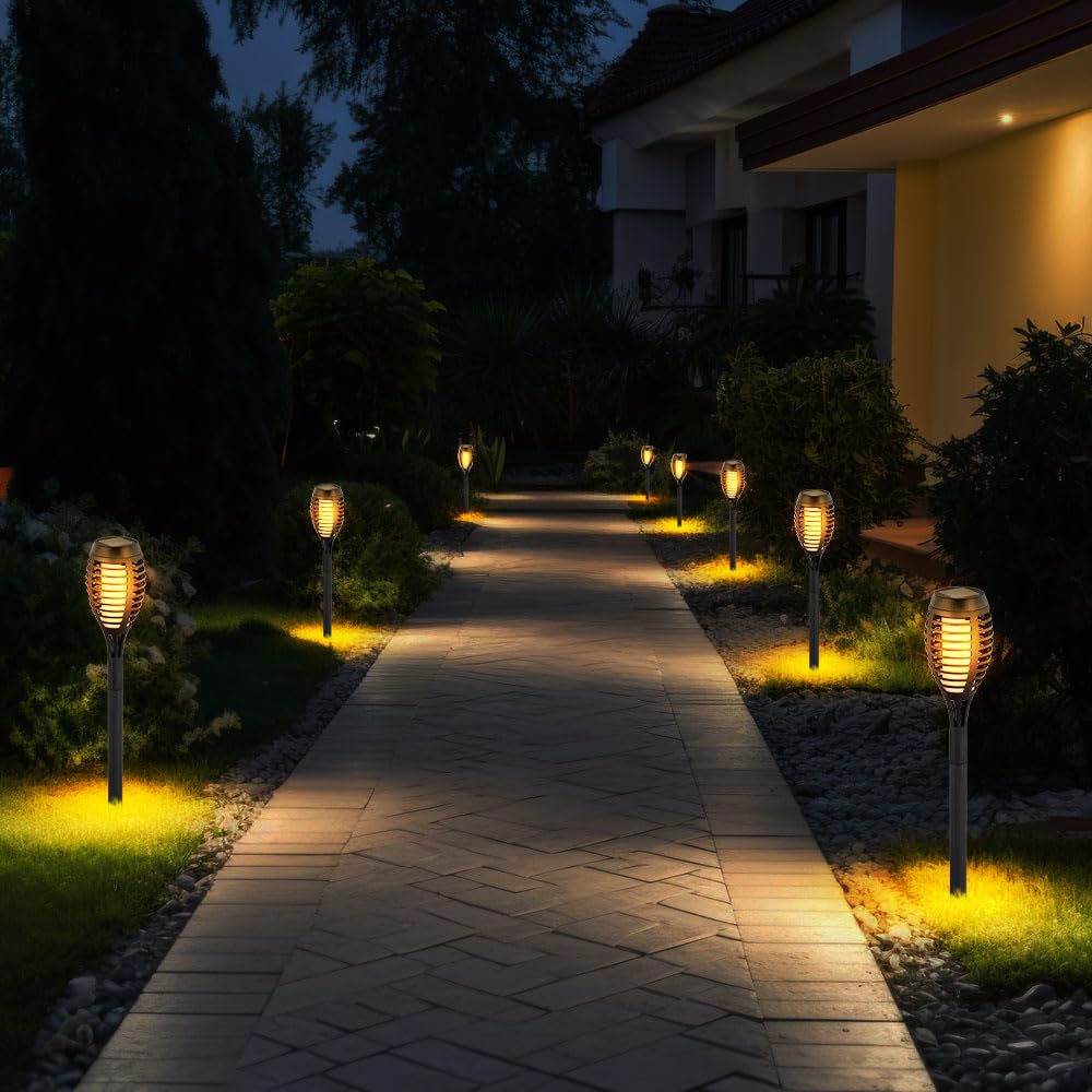 LED Solarfackeln für Außen flackernd Balkon Gartendeko Stecklampen Solar Gartenfackel, Kunststoff schwarz, Feuereffekt warmweiß, H 50 cm, 8er Set