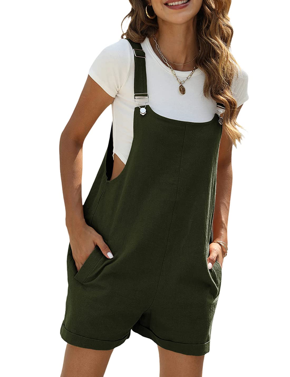 Sukany Tuta corta estiva da donna, casual, in cotone e lino, con spalline regolabili, con tasche