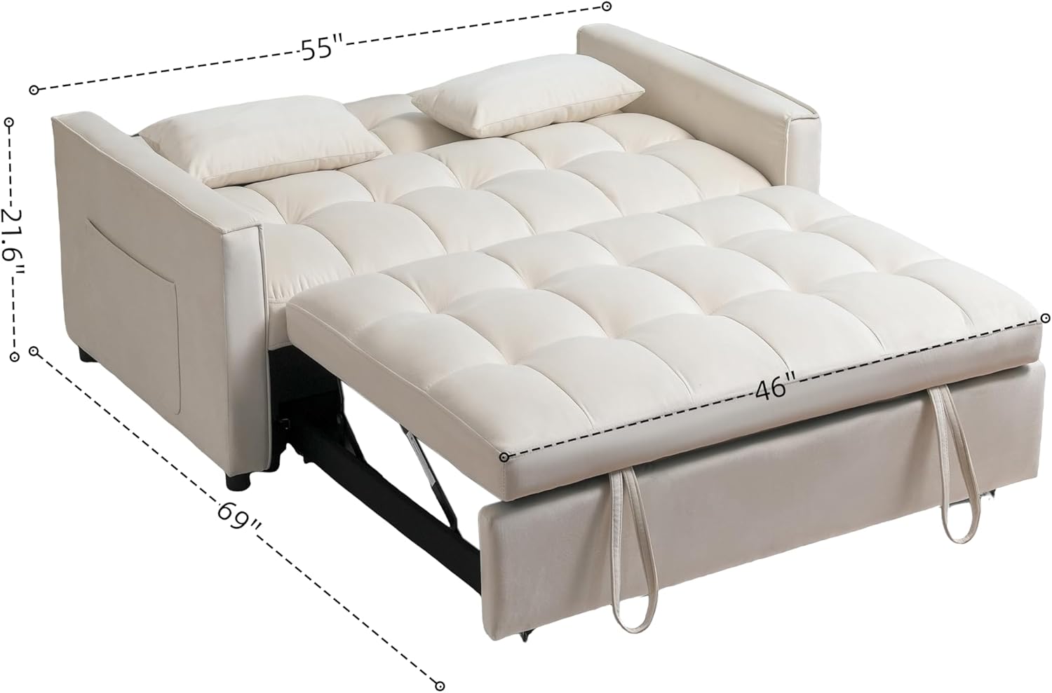 Sleeper Sofa Bed, 3-in-1 Velvet Pull Out Couch with Armrests, Storage Pockets and 2 Pillows, Adjustable Backrest, Sofa Bed Couch for Living Room, Bedroom Variable Cream