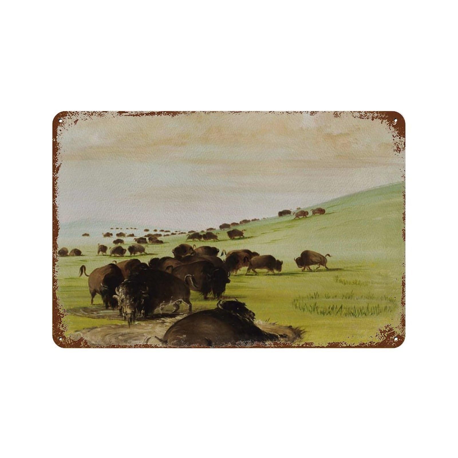xiaoxiaoshen A Herd of Bison in A Retro Style, Buffalo Country-style Home. Wall Decor Art Metal Tin Poster Modern Home Decor Art Home Bar Shop Decorations Vintage Sign 20x30cm