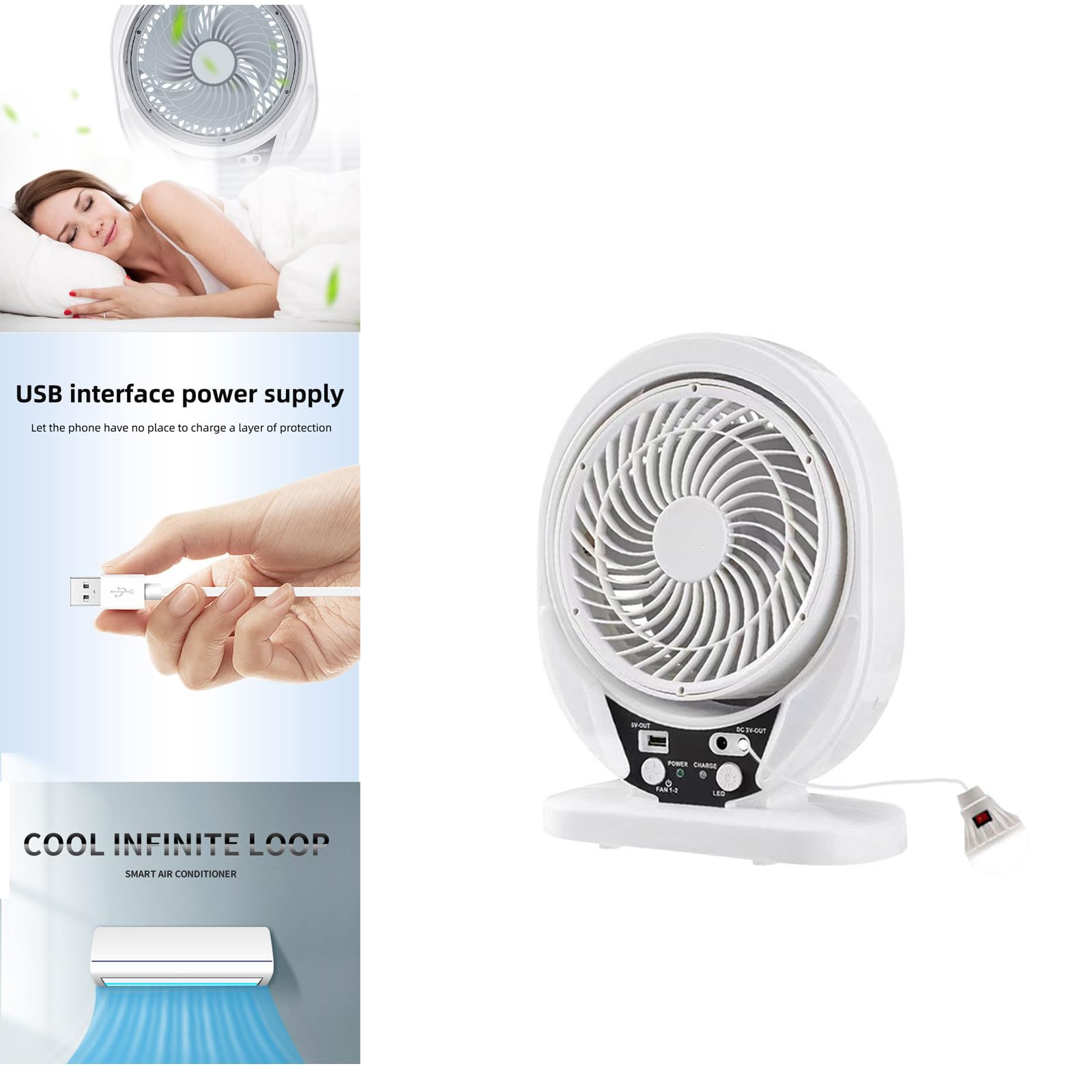 Générique Ventilateur transportable, Ventilateur d ' Ordinateur de Chargement USB avec Plan détachable, Lampe LED pour Chambre à Coucher, Bureau USB extérieur avec lumière LED