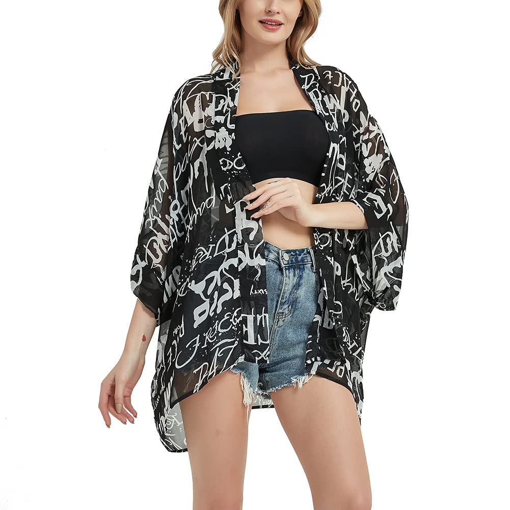 CuteSwan Kimono con estampado floral bohemio para mujer, para cubrir el bikini, de gasa transparente, holgada