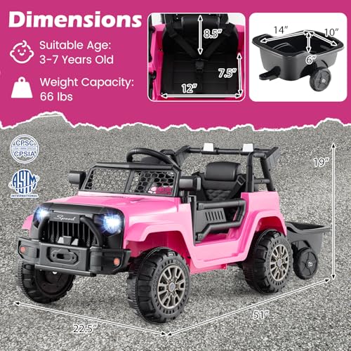 Costzon Ride on Car with Detachable Trailer, 12V Battery Powered Ride on Truck with Parent Remote Control, Light & Music, Electric Vehicle Kids Car Toy for Boys & Girls (Pink)