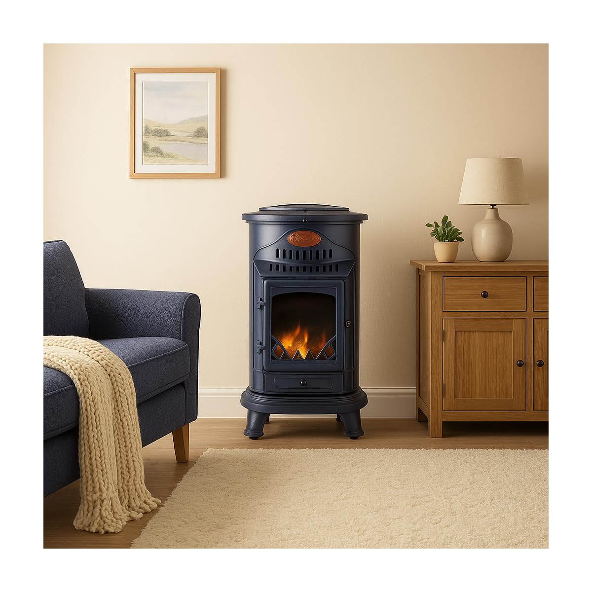 Sahara - Stufa a gas 3,4KW in ghisa vera – Riscaldamento supplementare Design Tradizionale Blu Zaffiro Opaco - Effetto fuoco di legna, mobile su ruote Provence