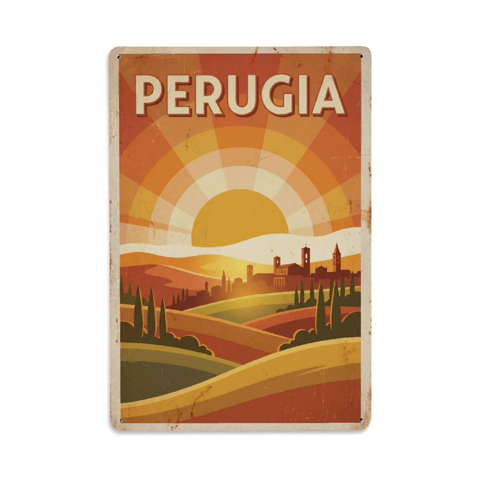Vintage Travel Perugia Sunset Over Umbria Italy Metal Tin Sign Plaque Wall Decor for Cafe, Club Bar, Office, Home Garden Metal Poster 8x12Inch