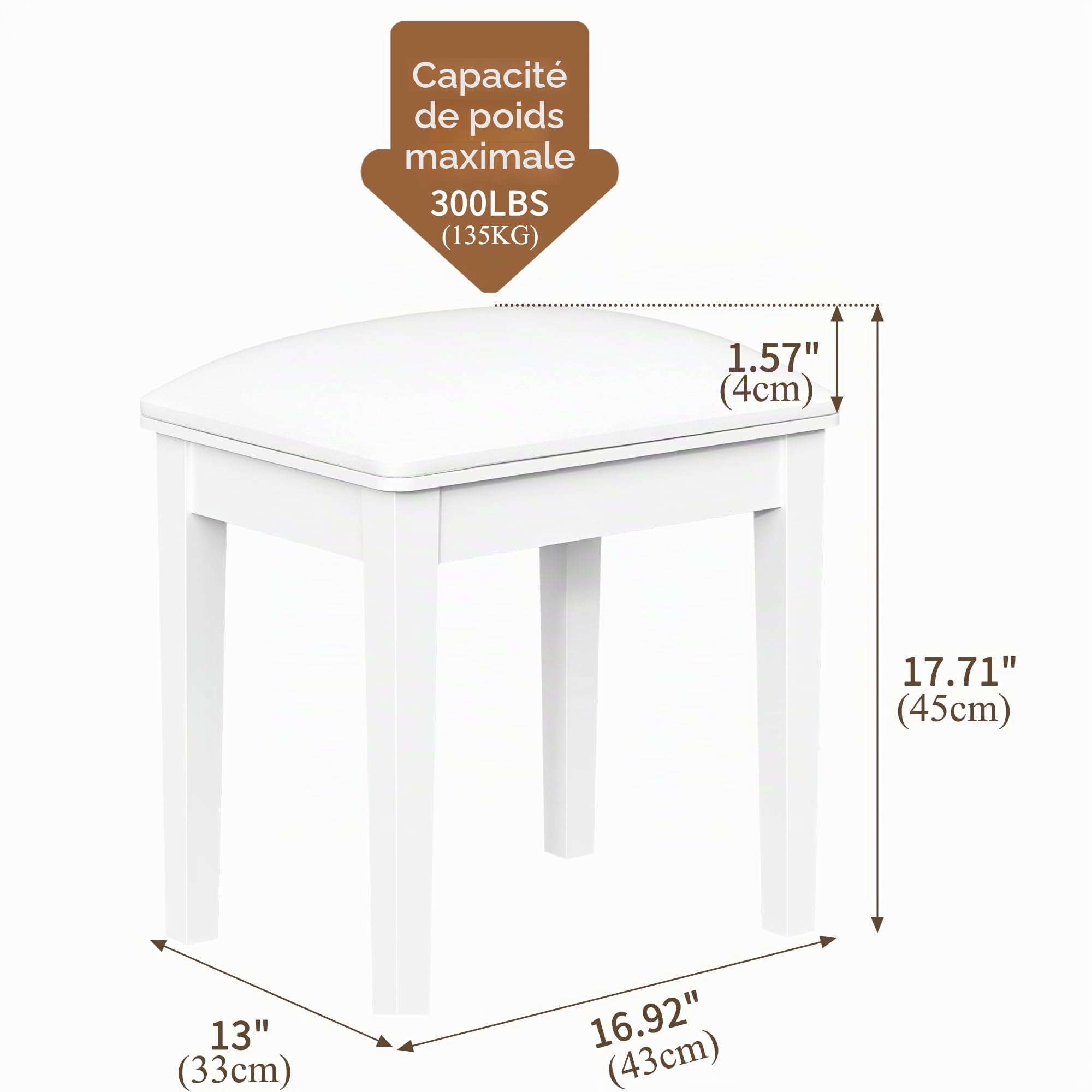 Tabouret de coiffeuse en bois rembourré en polyuréthane - Banc de maquillage pour piano - Blanc (1, pied droit)