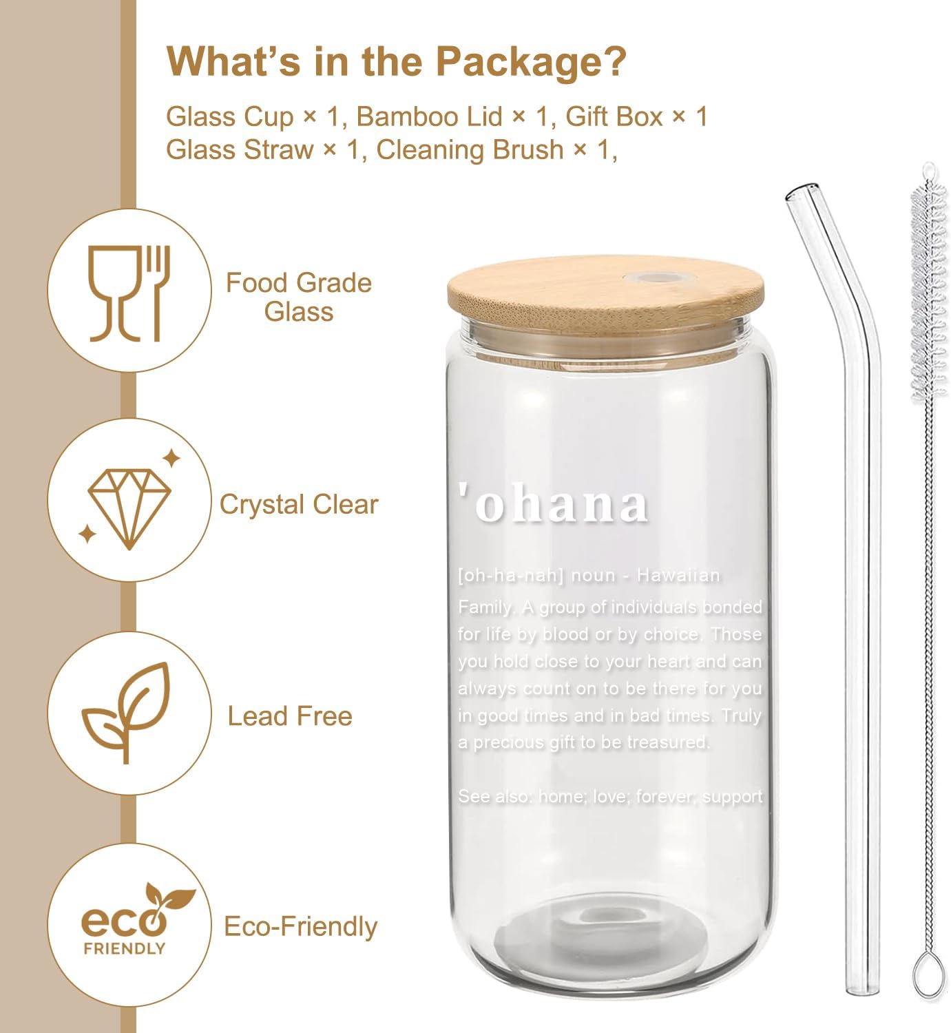 Ohana Glass Cups with Lids and Straws - Ohana Means Family, Hawaii Gifts for Women Friends Girls, Iced Coffee Cup Smoothie, Cute Room Decor, 16 oz - Image 2