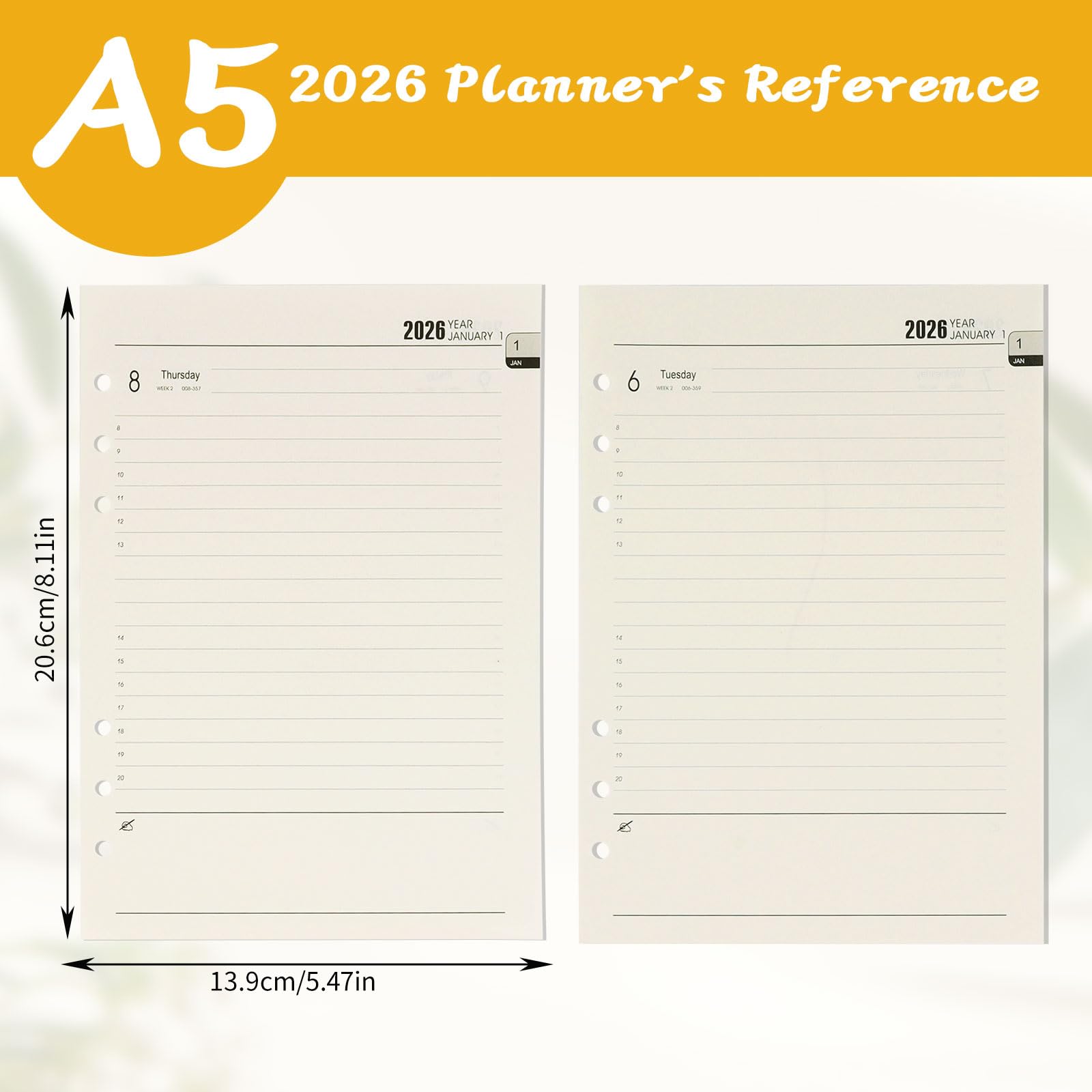 Agenda Semainier 2026 A5 6 Trous Recharge 176 Feuilles Organiseur Janvier à Décembre 2026 Papier 139 x 206 mm