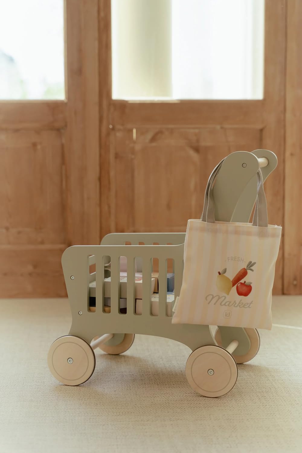 Little Dutch Einkaufswagen inkl. Einkaufstasche und Lebensmitteln aus Holz für Kinder - Mint