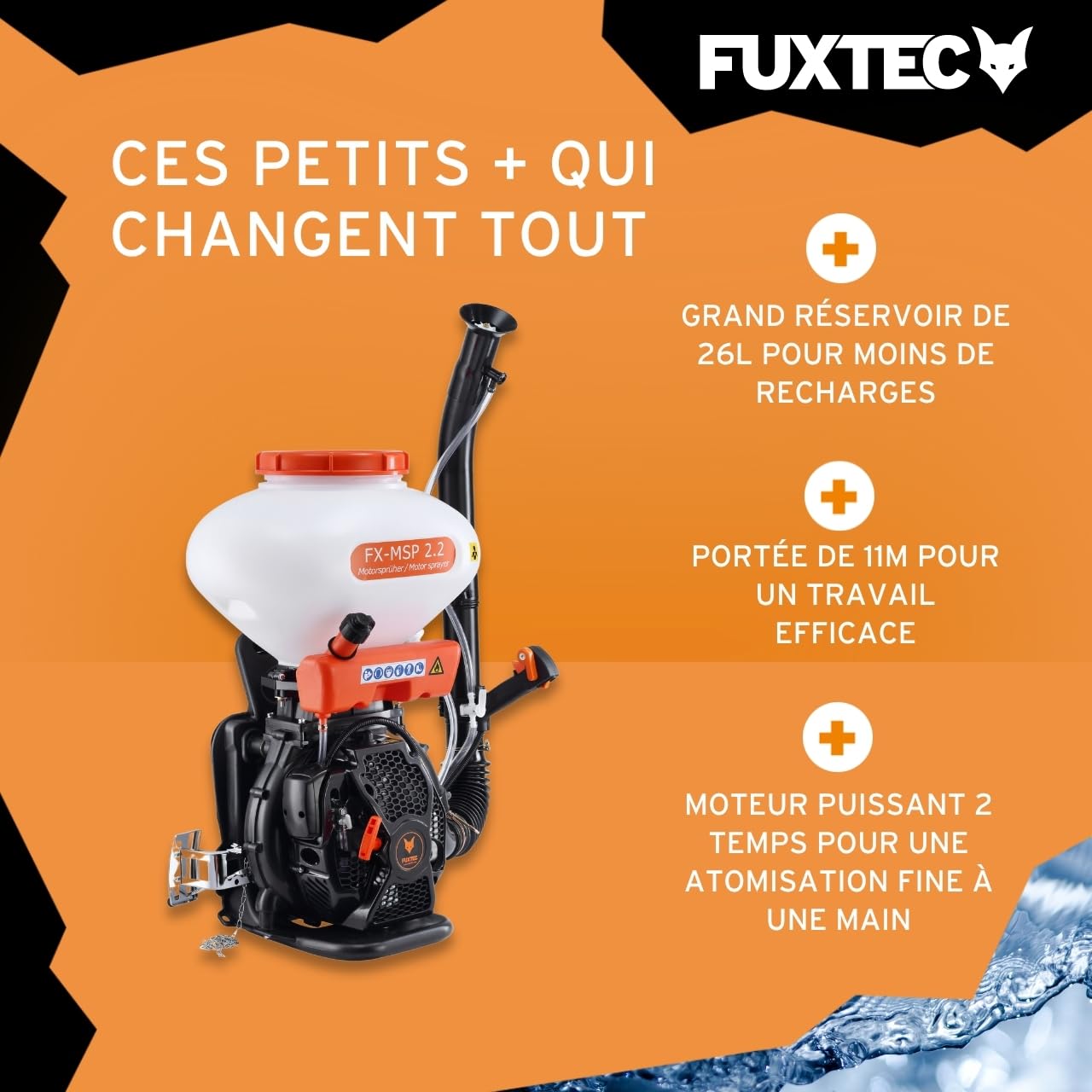Pulvérisateur pression à dos thermique FUXTEC FX-MSP2.2 - Sac à dos essence 41,5 cm3, pulvérisation poudre ou liquide pour fertilisation, lutte contre les parasites, épandage de sel