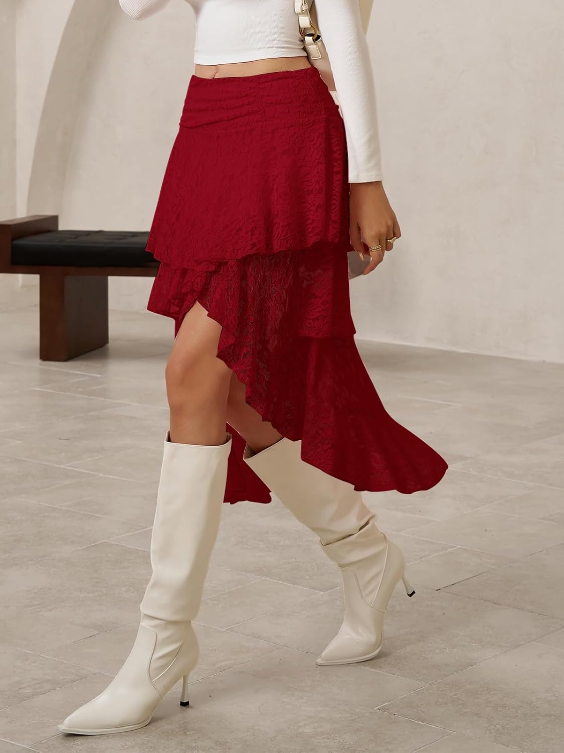 Yousify Womens Lace Midi Skirts High Waist Y2K Asymmetrical Layered Flowy Fairy Skirts Floral Beach Long Skirt - Image 3