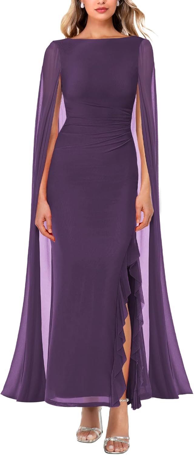 MAYFASEY Women's Sexy Elegant Long Sleeve High Split Mesh Ruched Formal Long Evening Party Maxi Dress with Cape Purple Medium