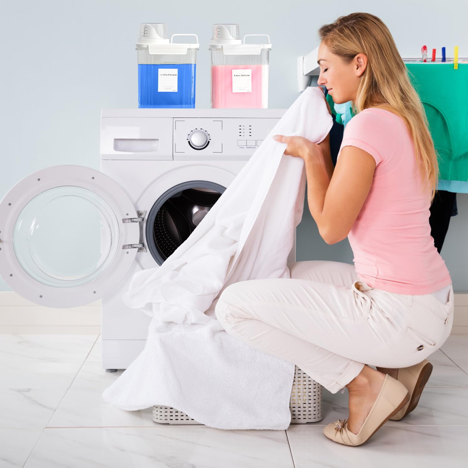 Dispensador de detergente para ropa de 64 onzas, dispensador de jabón líquido, dispensador de suavizante de tela, soporte y recipiente para polvo de lavandería, organización y almacenamiento