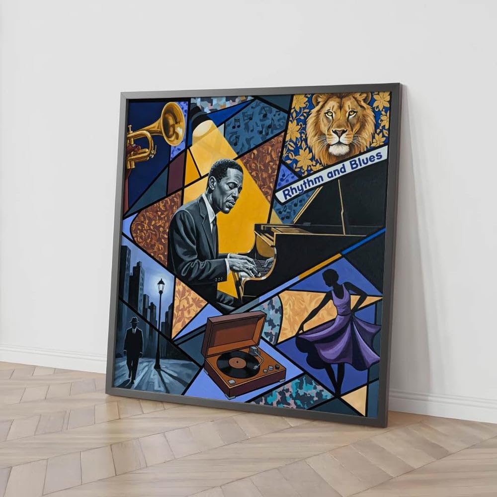 Rhythm and Blues Poster Bild Leinwand, Jazz Piano Wandbild, Zeitgenössische Kunst, Musikzimmer Musik Deko Geschenk, Bar oder Lounge Kunstdruck, Vintage Vinyl Kunst