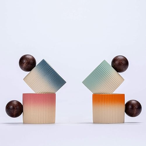 Miniatura 10 de Mini tazas de cerámica para café expreso, tazas Demitasse con mango redondo de madera, rayas verticales, tazas de té (negro/blanco, 2 unidades)