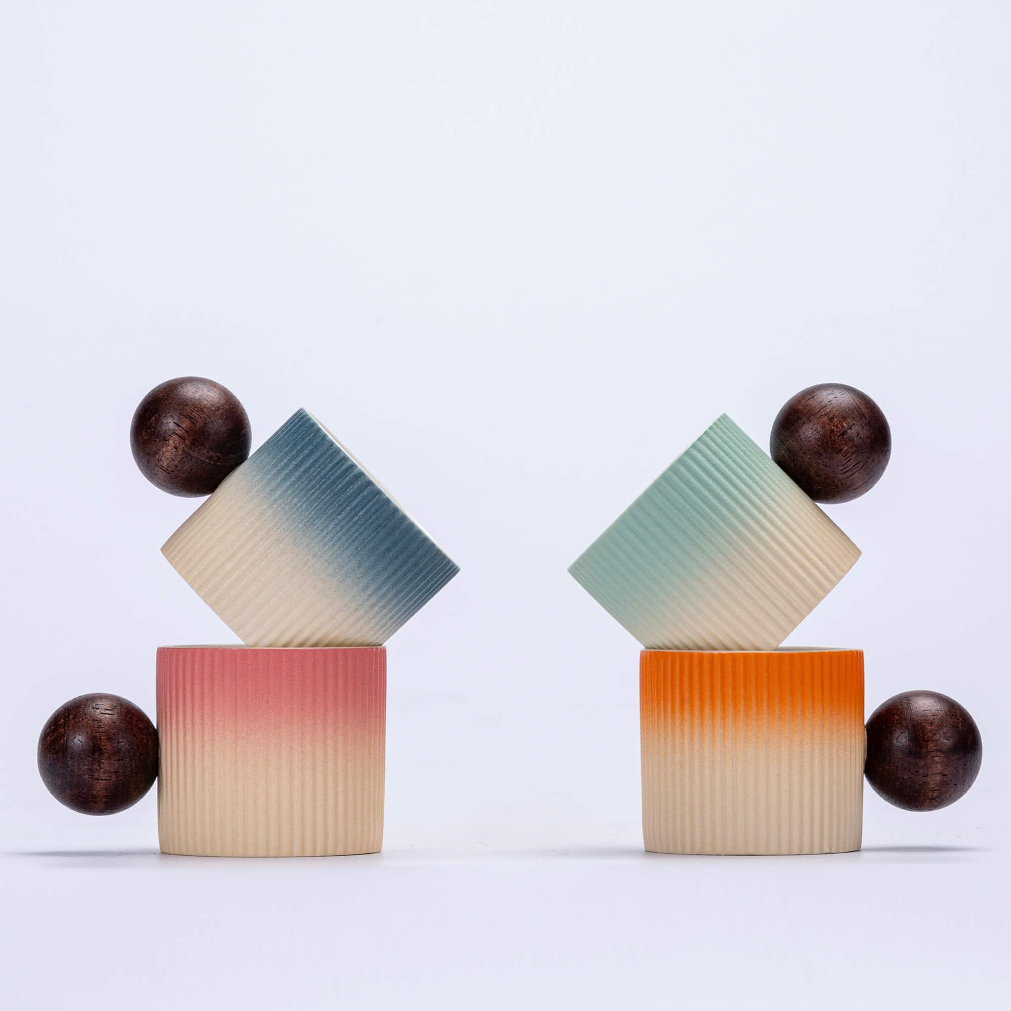 Espresso Cups 70ml, Small Ceramic Coffee Cups, Mini Mugs with Round Wooden Handle, Vertical Stripes Tea Cups (Multicolor-b, 4pcs)