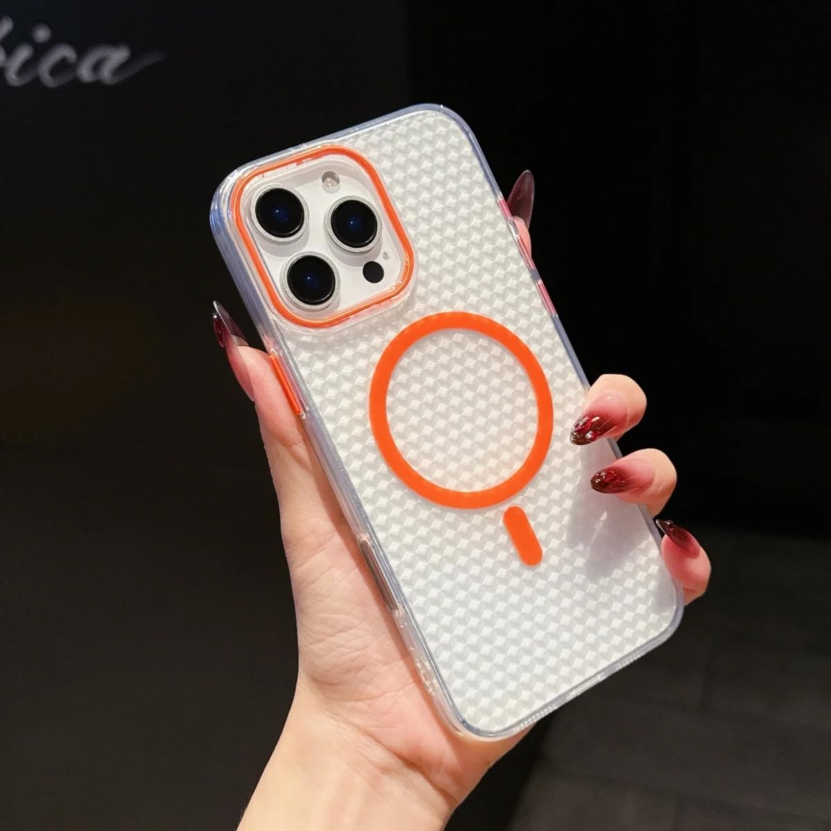 Coque aimantée induction compatible iPhone 13 orange unie rigide - 7