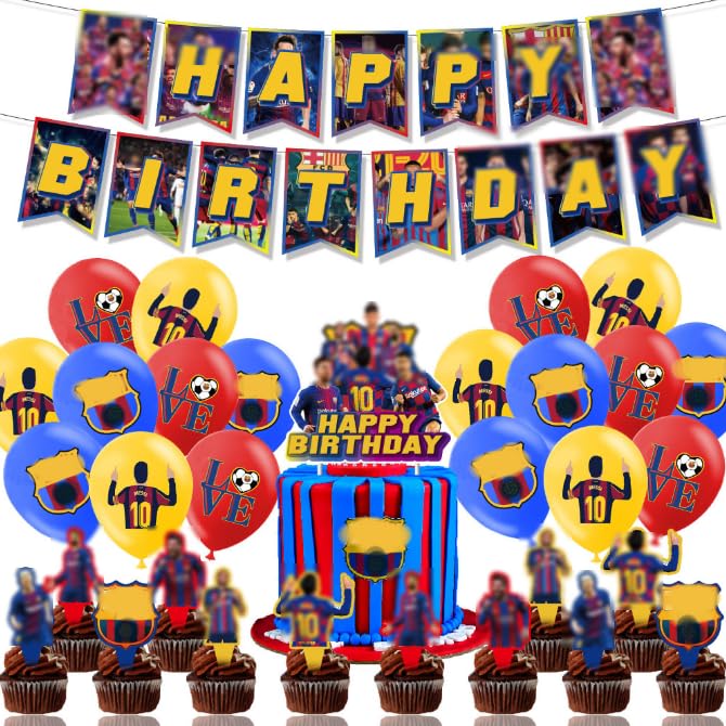 XNAUVOI Barce-lona Cumpleaños Decoracion, 32 Pcs Fútbol Fiesta de Cumpleaños para Niños - Pancartas, Globos, Decoración de Pasteles, Cupcake Toppers para Aficionados Al Fútbol