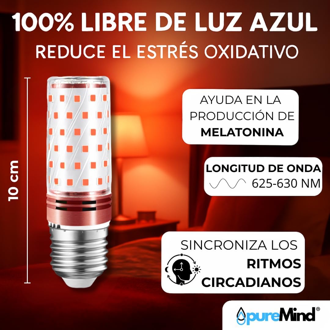 Puremind Luz Roja Nocturna Melatonina E27 - Bombilla Roja Terapia para Dormir - Tecnologa Flicker Free + 0% Luz Azul + Rosca Estndar + Mejora del Ritmo de Descanso
