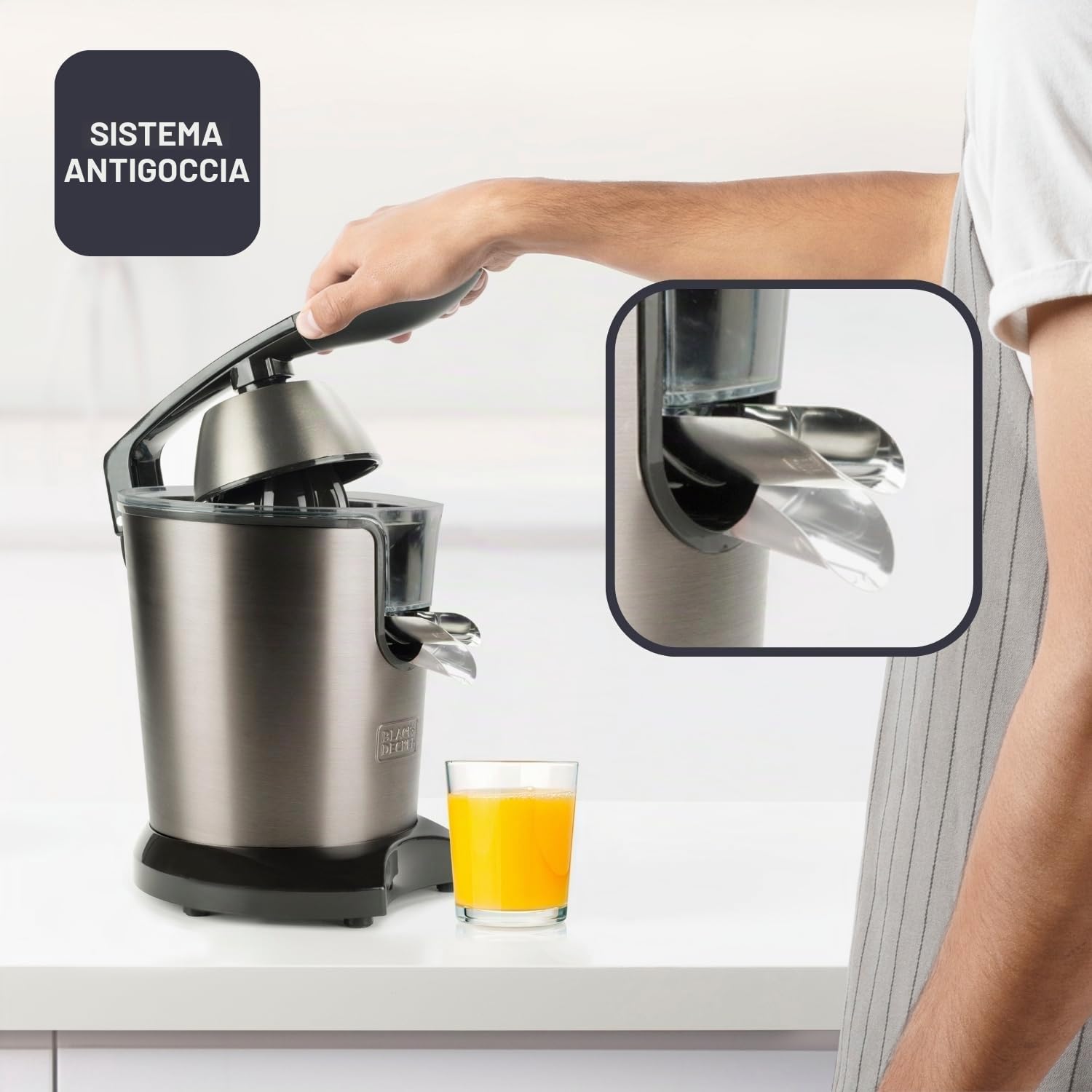 BLACK+DECKER - Spremiagrumi a Leva 350W | Motore AC Pro | 2 Coni | Serbatoio 0,65L o Erogazione Continua | Anti-Goccia | Filtro Polpa | Parti Lavabili | Senza BPA | Acciaio Inox