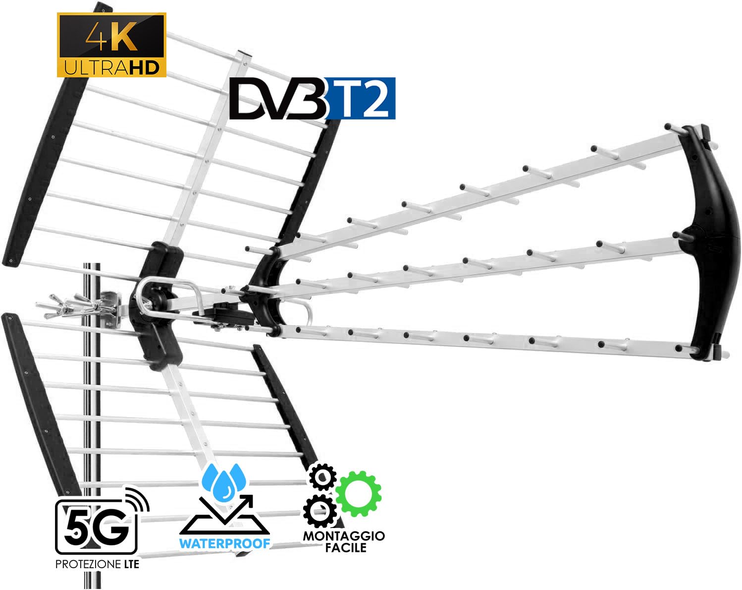 ANFEL 18db Antenna TV tripla Digitale Terrestre UHF 21-48 esterno, con filtro 5G LTE, per Ricezione il segnale Digitale Terrestre DVB-T/T2, Frequenze 470-694Mhz, Lunghezza 105cm, Nero