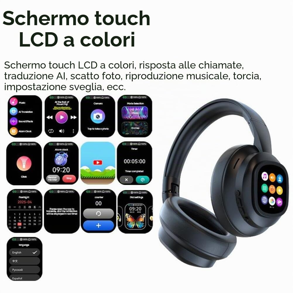 Cuffie over-ear, traduzione AI Wireless Cuffie in tempo reale, 169 lingue, con touch screen LCD staccabile, 46 ore di riproduzione per viaggi, riunioni, studio