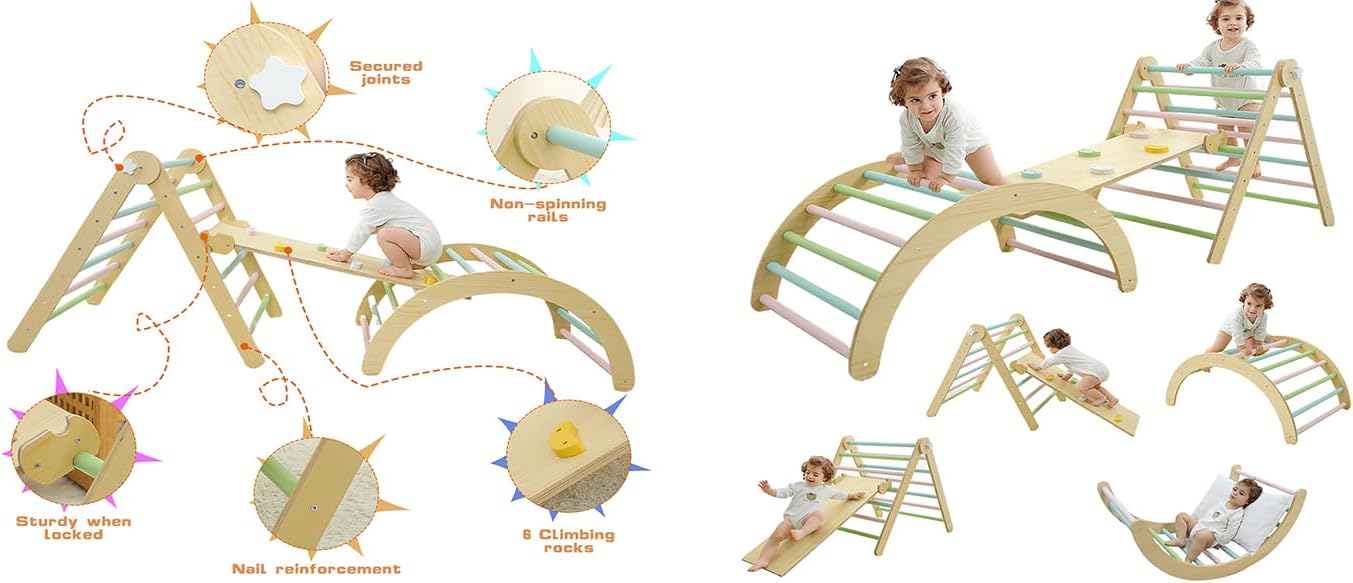 Toddler Climbing Toy Wooden Arch Ramp Ladder Climbing Toy Set Indoor Playground for Toddlers 1-3 Years Old