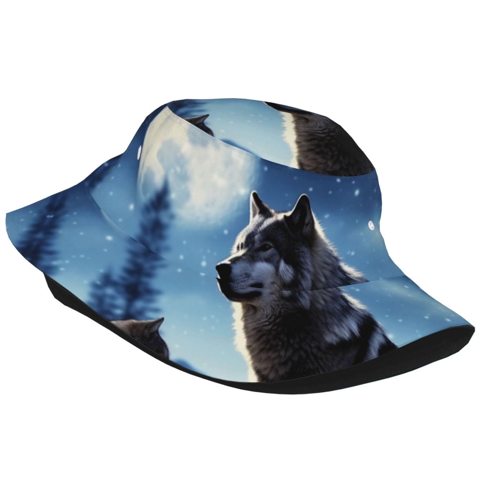Unisex Cute Bucket Hat Summer Travel Fisherman Cap Wolfs Beach Travel Sun Hat Outdoor Cap Black