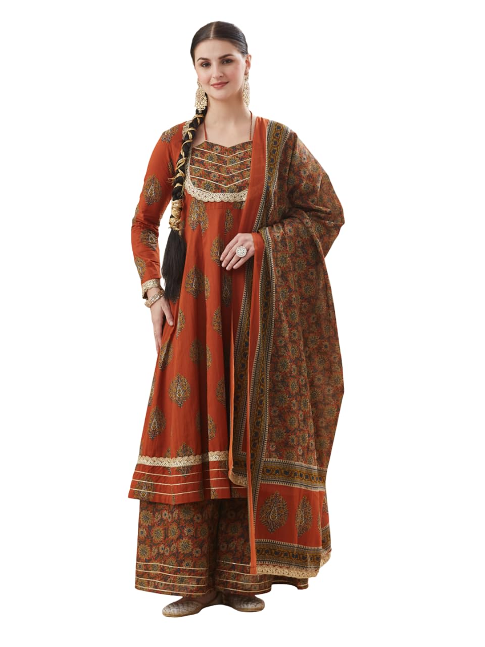 mokosh Women’s Cotton Print Anarkali Kurta Sharara with Dupatta-picture-24